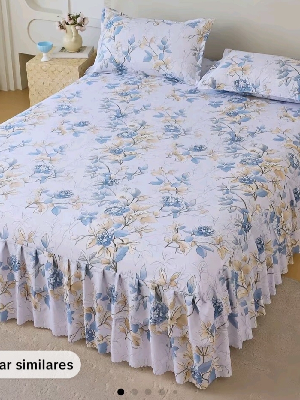 Blue & Cream Floral Ruffled Bedspread Set by